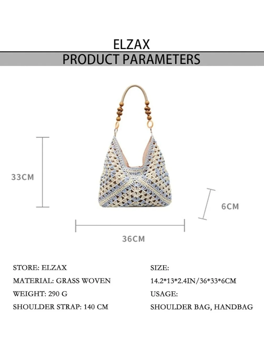 Woven Crochet Hobo Bag with Wooden Bead Handle - Black & Natural